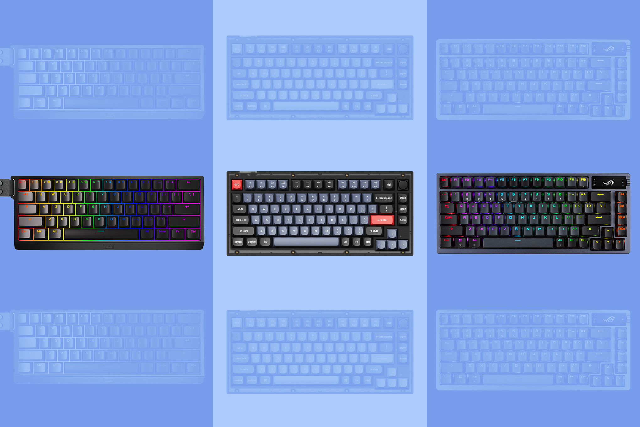An image featuring three gaming keyboards: the Wooting 60 HE, the Asus ROG Azoth, and the Keychron V1 QMK