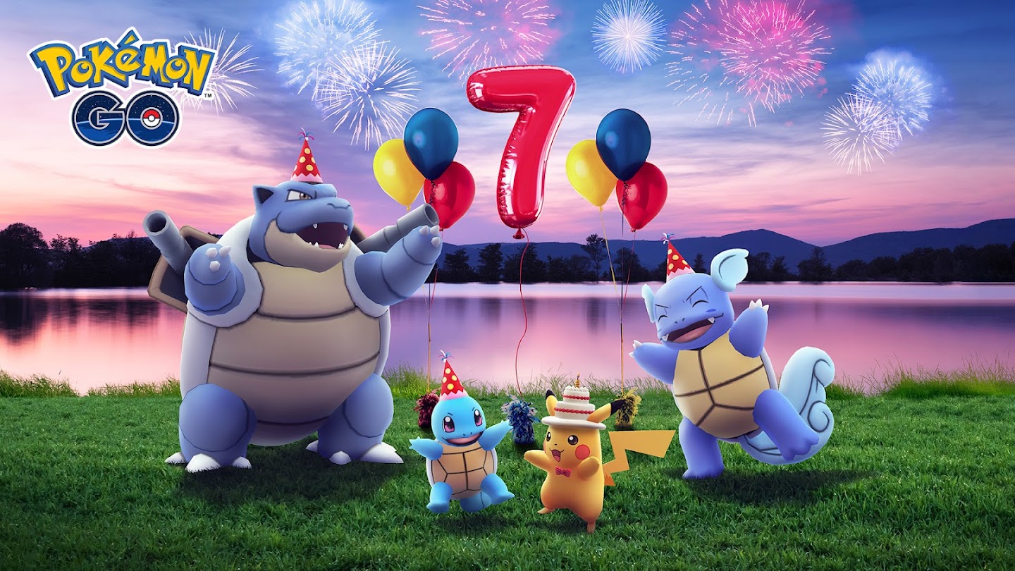 Pikachu, Squirtle, Wartortle, and Blastoise celebrate in Pokémon Go around balloons and fireworks.