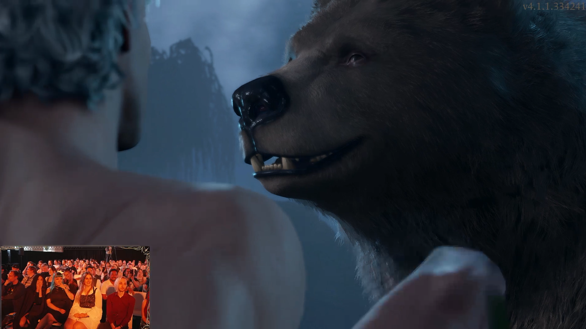 A screen capture shows a moment from the Baldur’s Gate 3 scene where Halsin the druid approaches, in bear form, to participate in sex.